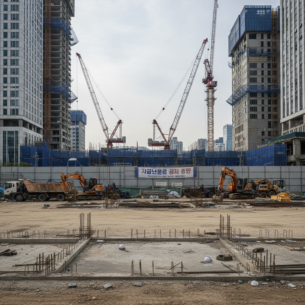 A real photograph of an empty construction site in Seoul with cranes idle in the background, showing the impact of funding shortages, shot on Canon EOS R5, 85mm lens, shallow depth of field, natural lighting, 8k resolution, photojournalism